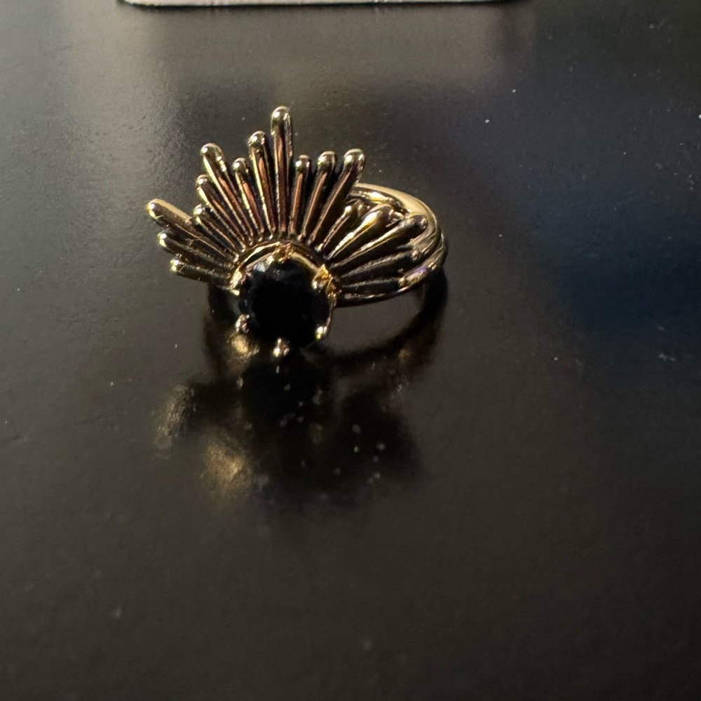 Gold-Tone Sunburst Ring with Black Stone - Women Jewelry Size 9